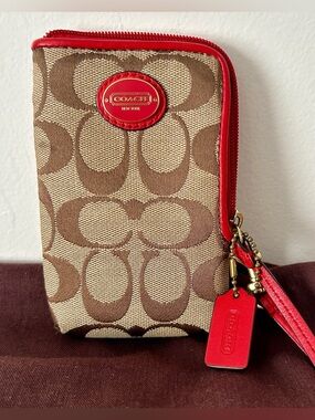 Coach Beige/Brown Signature Canvas Wristlet with Red Trim